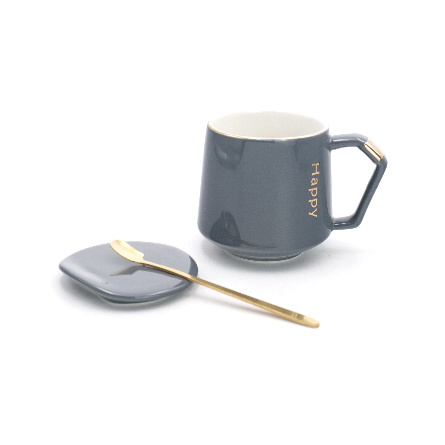 Set cana de cafea cu capac si lingurita, ceramica, gri, 300 ml