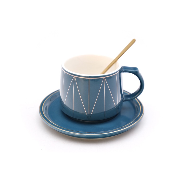 Set cana de cafea cu farfurie si lingurita, ceramica, albastru, 300 ml