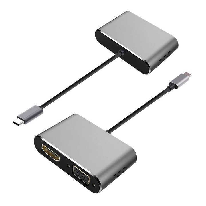 Aдаптер Platinet USB-C to VGA and HDMI 4K, за мобилни устройства с USB-C вход, тъмносив