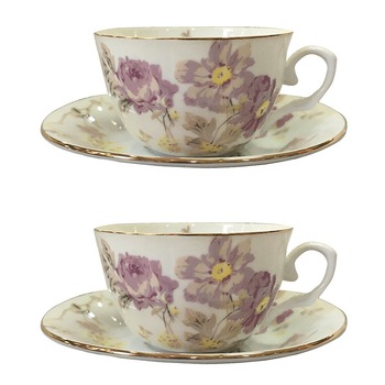 Set 2 cesti & 2 farfurii Beatrice portelan fin, 180ml, alb/lila Set 2 cesti & 2 farfurii Beatrice portelan fin, 180ml, alb/lila