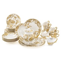 Set vesela AIX©, portelan, modelul auriu, plin de eleganta, imprimeu floral, 35 piese