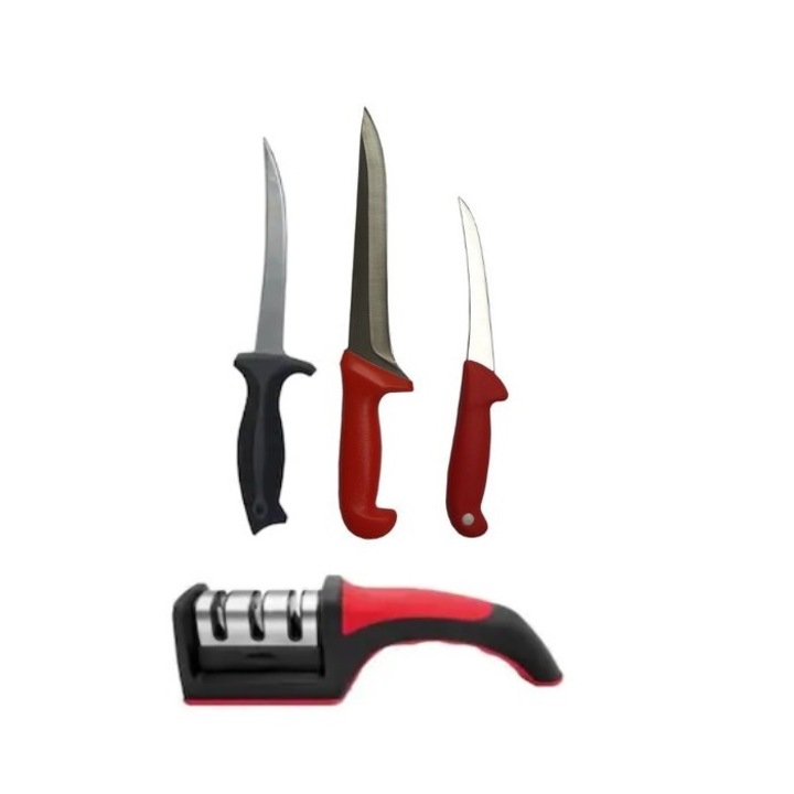 Set macelarie format din 3 cutite profesionale si un aparat de ascutit cutite, otel/plastic, rosu/negru