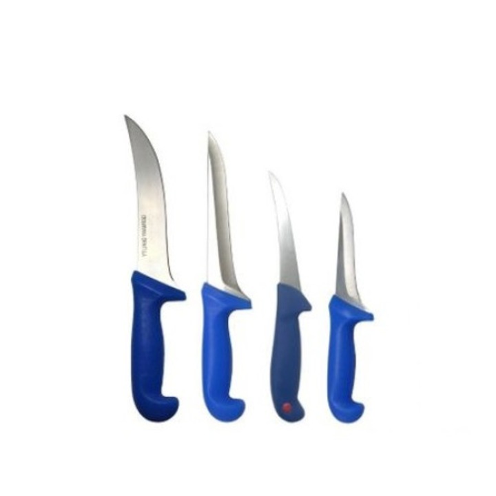 Set profesional de macelarie cu 4 cutite, filetat, injunghiat, transat, dezosat, otel, albastru