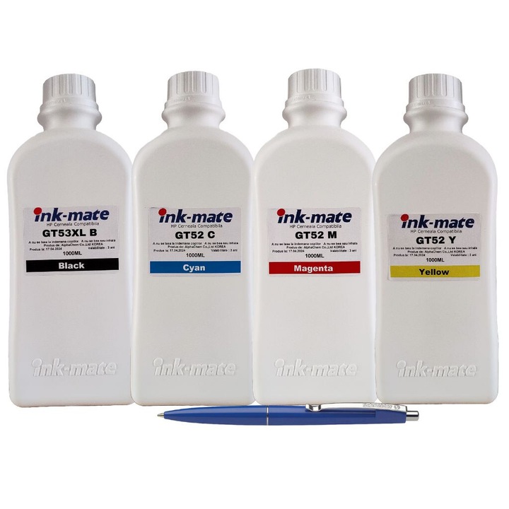 Пакет Бутилки с мастило Ink-Mate, Съвместима c HP, 1VV21AE (GT53XL) Черен 1X 1000ml, M0H54AE (GT52) Cyan 1X 1000ml, M0H55AE (GT52) Magenta 1X 1000ml, M0H56AE (GT52) Yellow 1X 1000ml и Химикал Schneider
