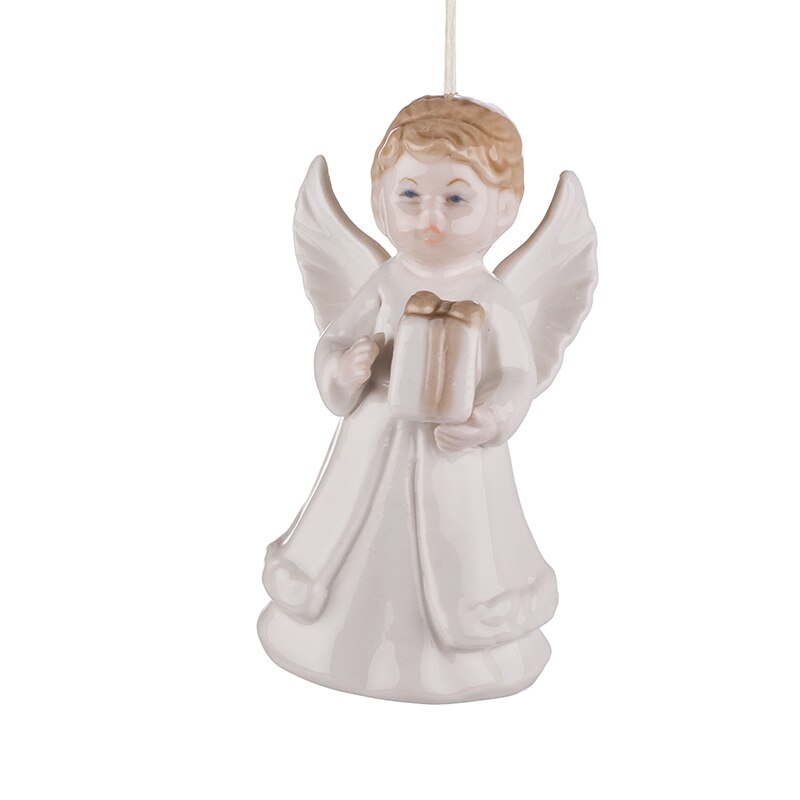 Ornament brad, inger cu cadou, portelan, DH98, 6 x 4.8 x 11.4cm