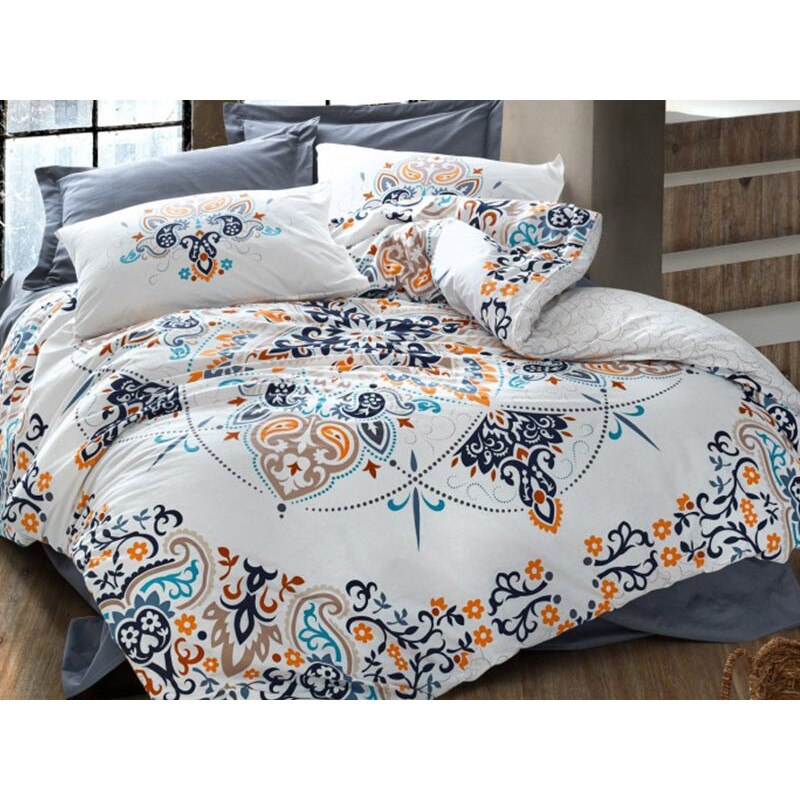 Lenjerie de pat dublu, 4 Piese, bumbac 100%, Cottonbox, model RASAN INDIGO