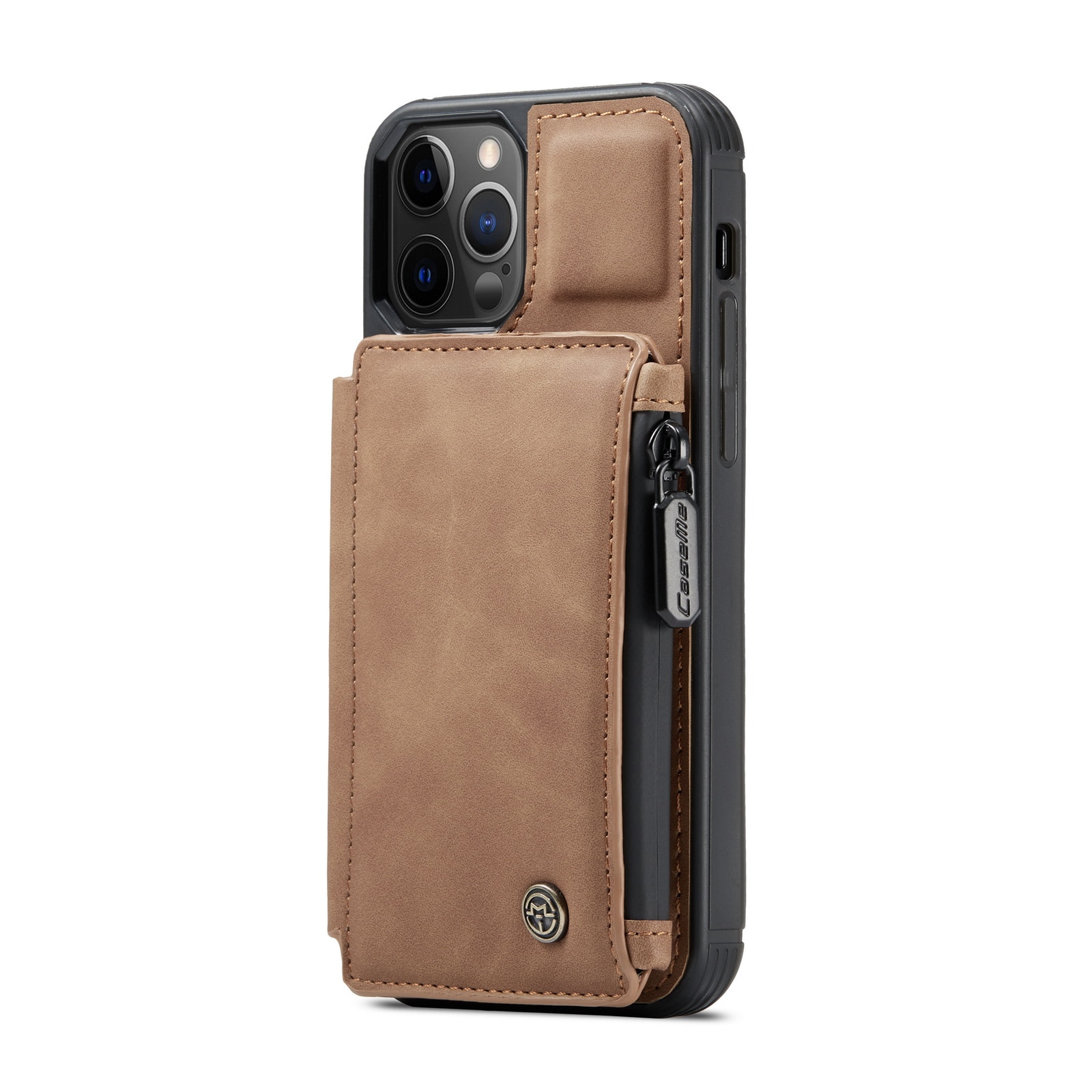 Husa iPhone 12 Pro / iPhone 12, CaseMe, piele cu textura catifelata, back cover, slot carduri, buzunar cu fermoar, protectie RFID, Maro