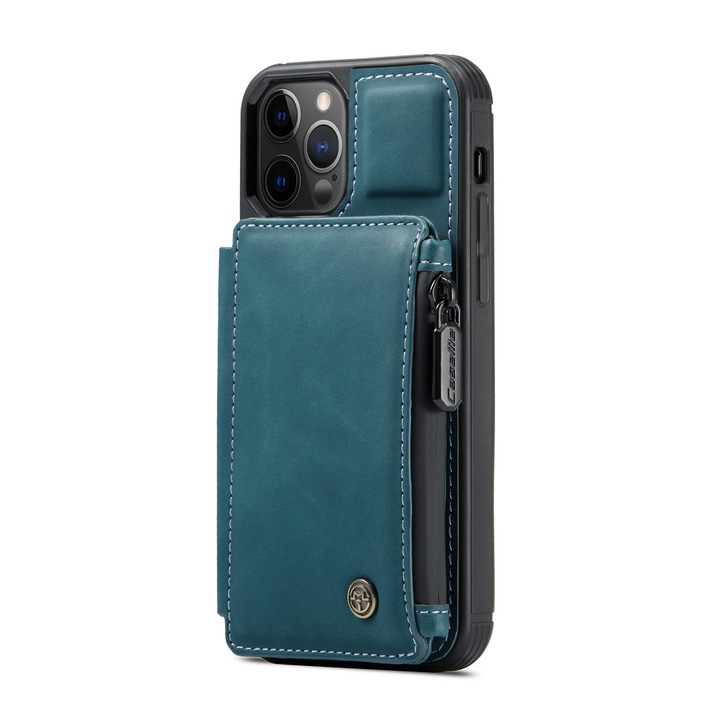 Husa pentru iPhone 12 Pro, iPhone 12, CaseMe, piele cu textura catifelata, back cover, slot carduri, buzunar cu fermoar, protectie RFID, Albastru verzui
