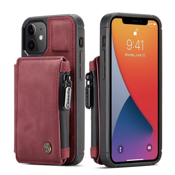iPhone 12 Mini, CaseMe tok, bársonyos bőr, hátlap, kártyanyílás, cipzáras zseb, RFID védelem, Bordó