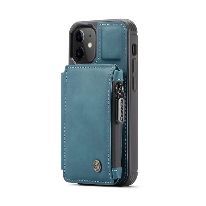 Husa pentru iPhone 12 Mini, CaseMe, piele cu textura catifelata, back cover, slot carduri, buzunar cu fermoar, protectie RFID, Albastru verzui