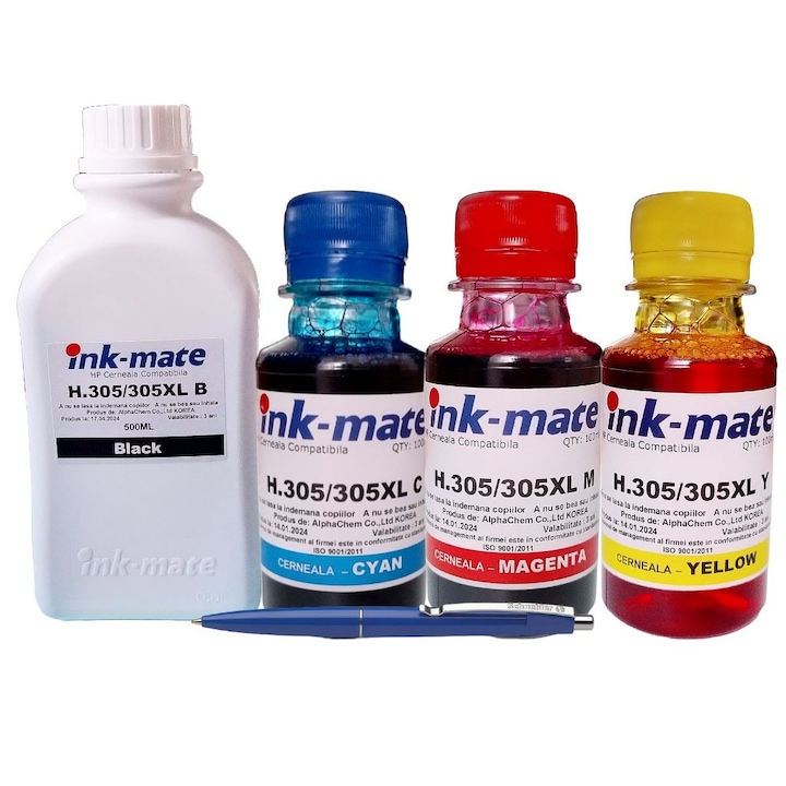 Ink-Mate utántöltő csomag: 1x 500 ml fekete HP 3YM62AE (305XL), 1x 100 ml cián HP 3YM63AE (305XL), 1x 100 ml magenta, HP 3YM63AE (305XL), 1X sárga, 10AE (305XL), 1X sárga, 530AE + Schneider Toll