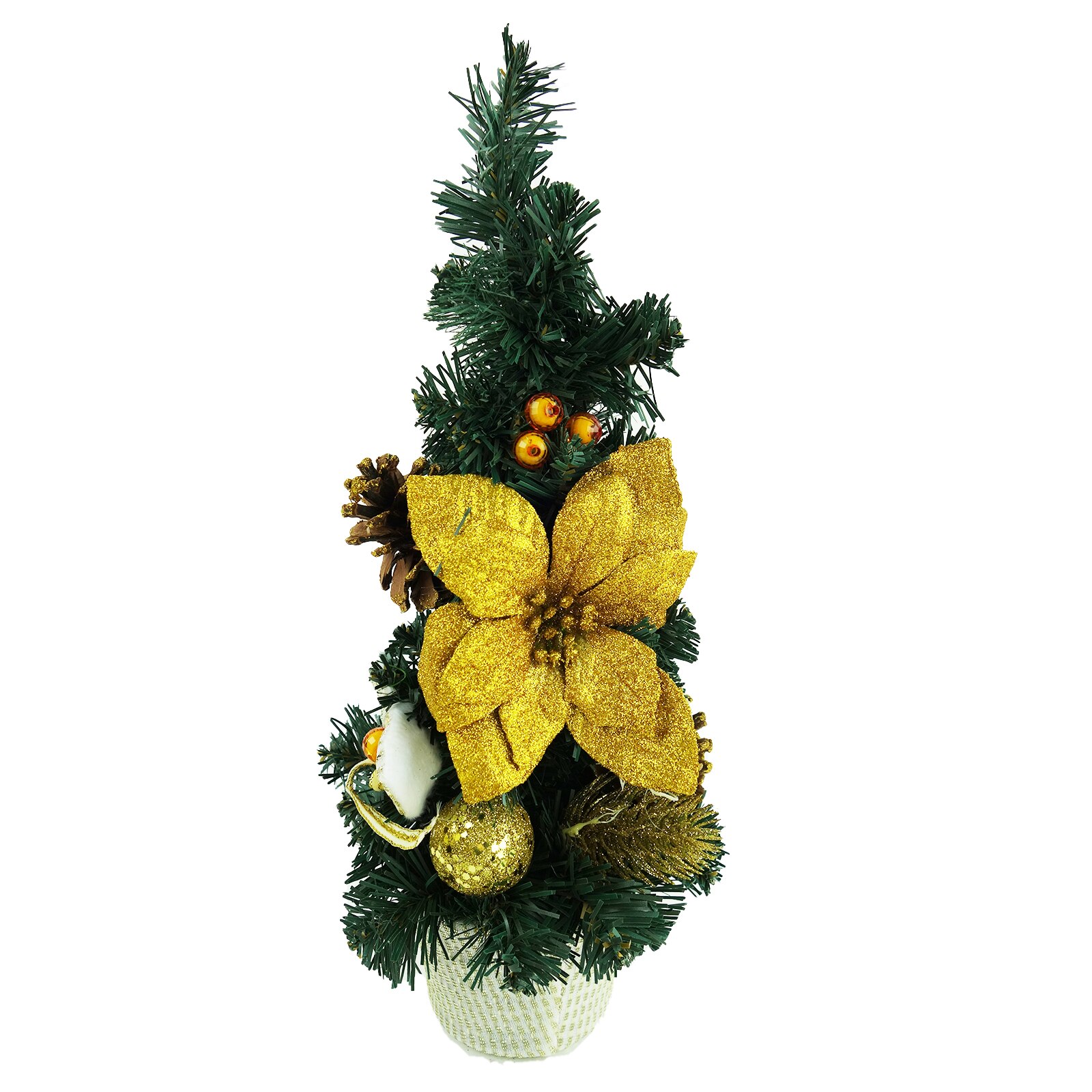 Bradut artificial, impodobit, cu suport in forma de ghiveci, 40 cm, auriu cu alb