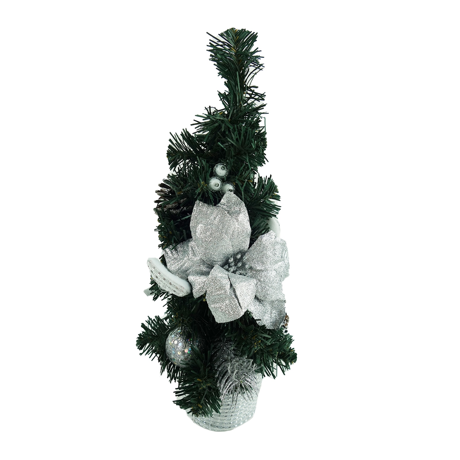 Bradut artificial, impodobit, cu suport in forma de ghiveci, 40 cm, argintiu