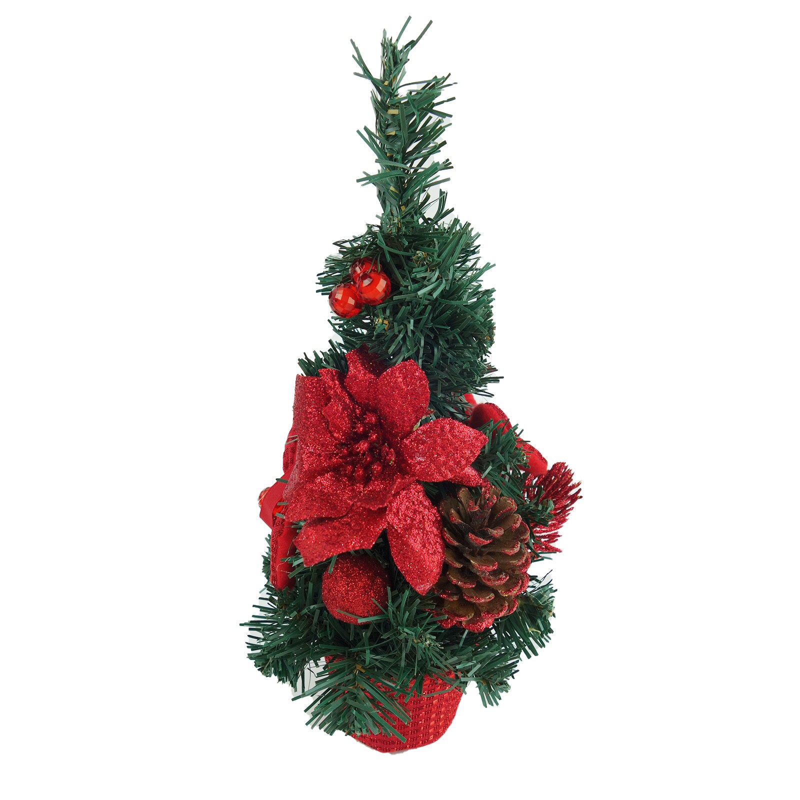 Bradut artificial, impodobit, cu suport in forma de ghiveci, 30 cm, rosu