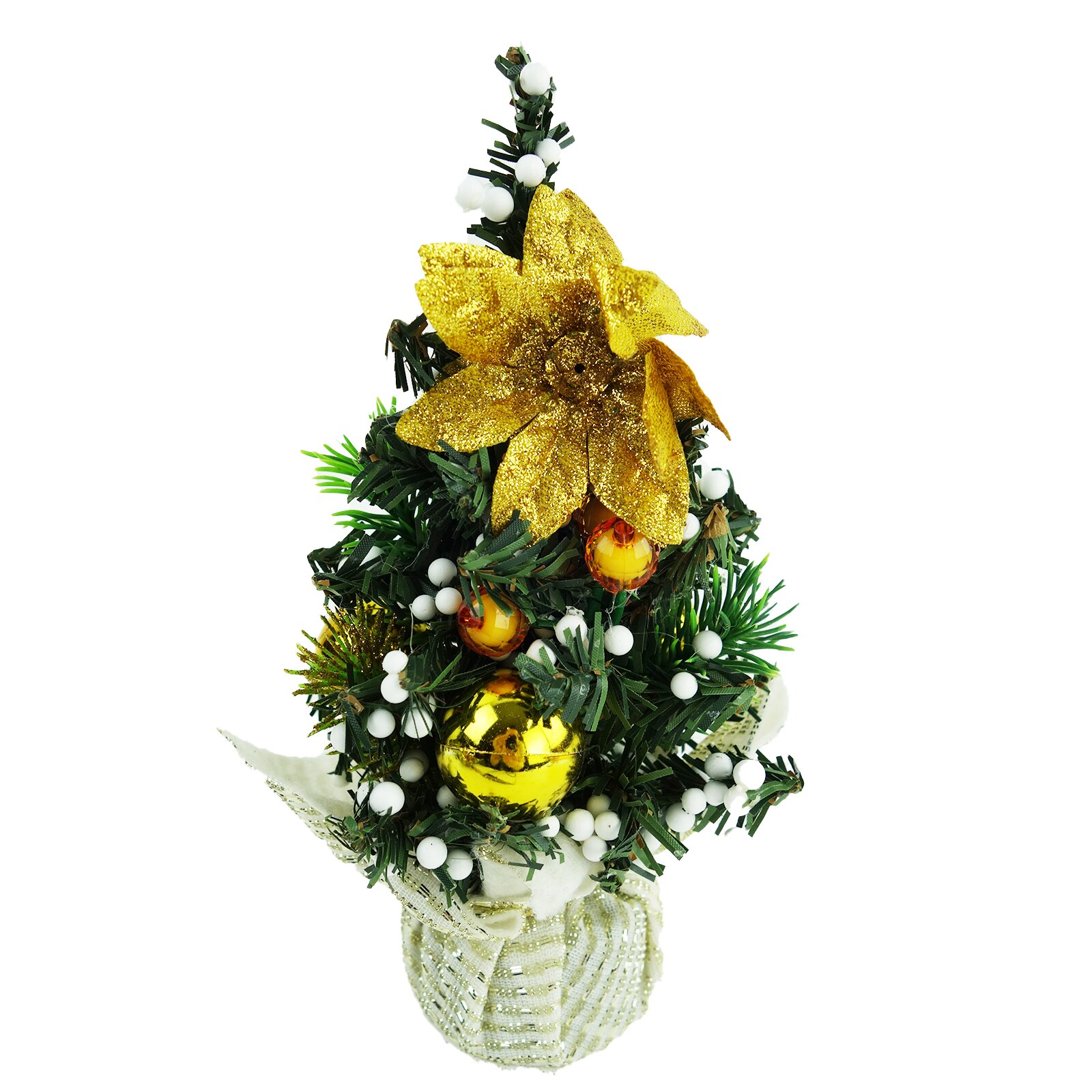 Bradut artificial, impodobit, cu suport in forma de ghiveci, 20 cm, auriu