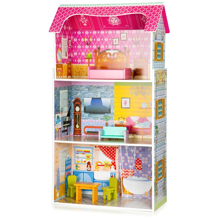 Casuta de papusi din lemn idealSTORE Sunny Residence, 3 nivele independente, 5 camere distincte, 5 piese mobile de mobilier, Fabricata din lemn de inalta calitate