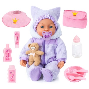 Set papusa bebe violet, Bayer, 8 accesorii Set papusa bebe violet, Bayer, 8 accesorii