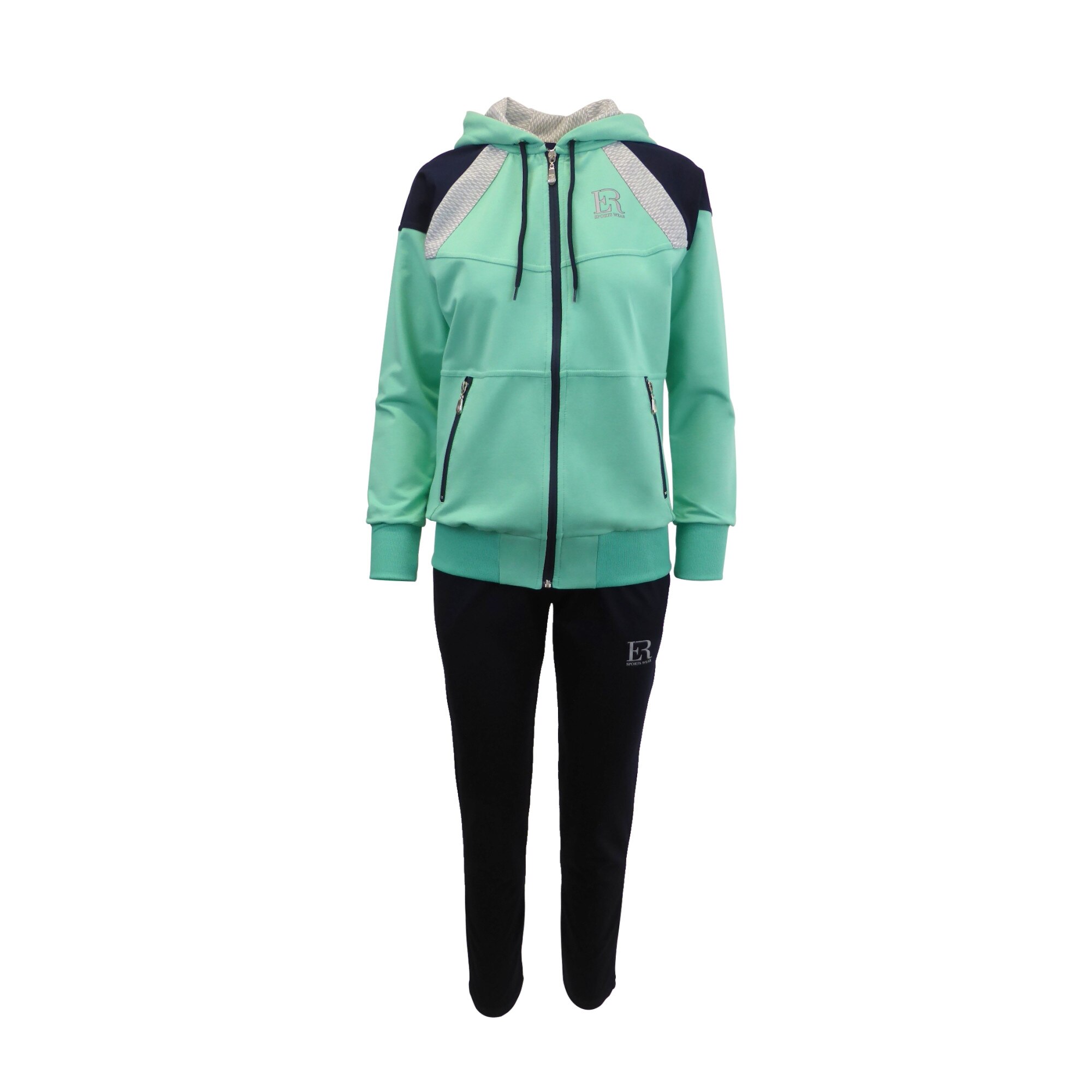 Trening dama, UNIVERS FASHION, jacheta cu 2 buzunare cu fermoar, culoare fistic si albastru, pantaloni albastru cu 2 buzunare, marime S