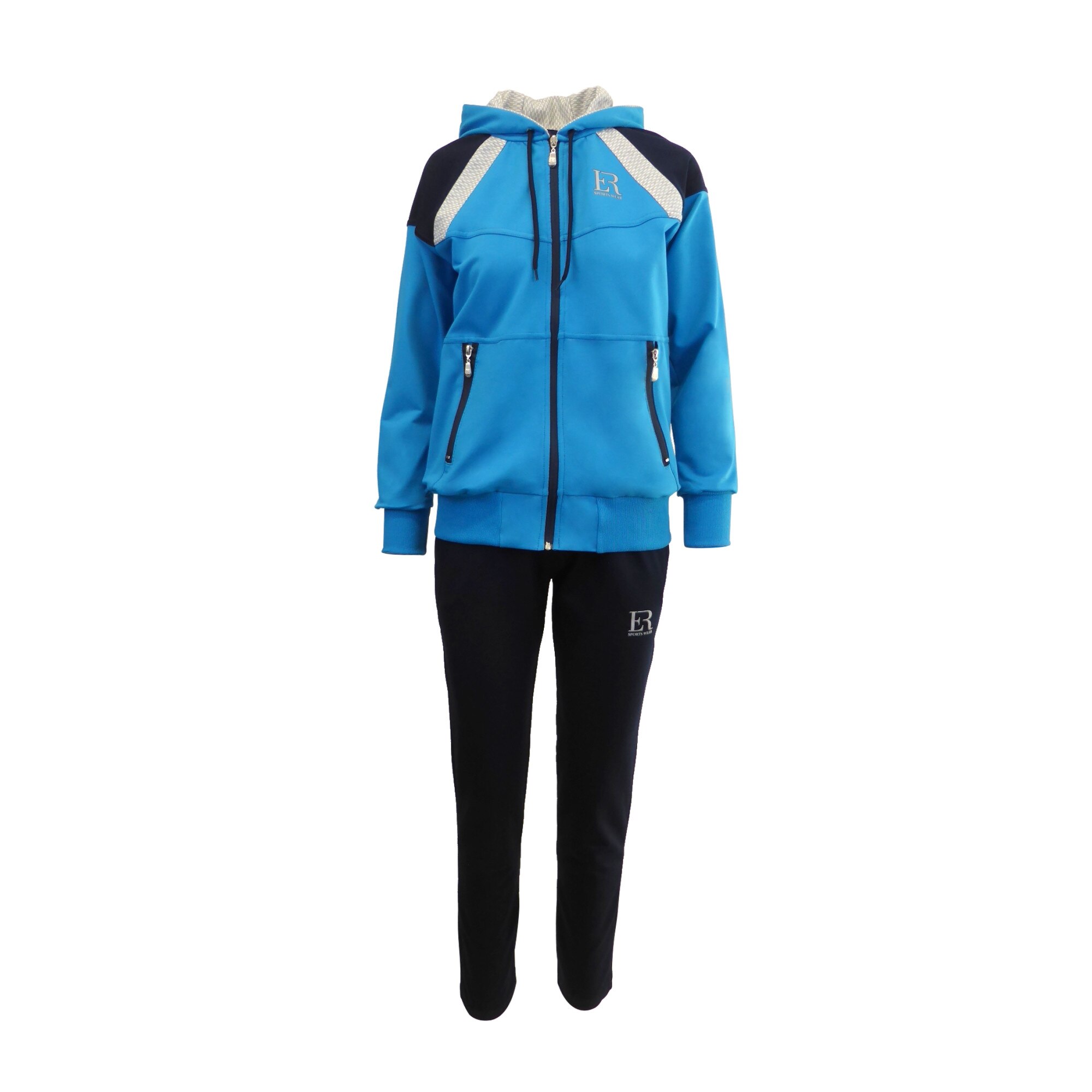 Trening dama, UNIVERS FASHION, jacheta cu 2 buzunare cu fermoar, culoare albastru, pantaloni albastru cu 2 buzunare, marime S