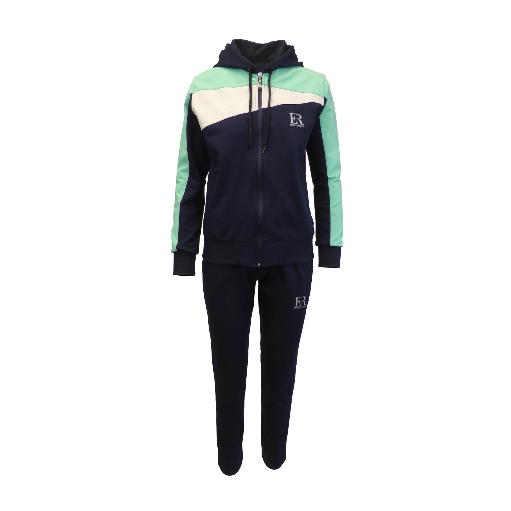 Trening dama, UNIVERS FASHION, jacheta cu 2 buzunare cu fermoar, culoare fistic, gri si albastru, pantaloni albastru cu 2 buzunare, marime L