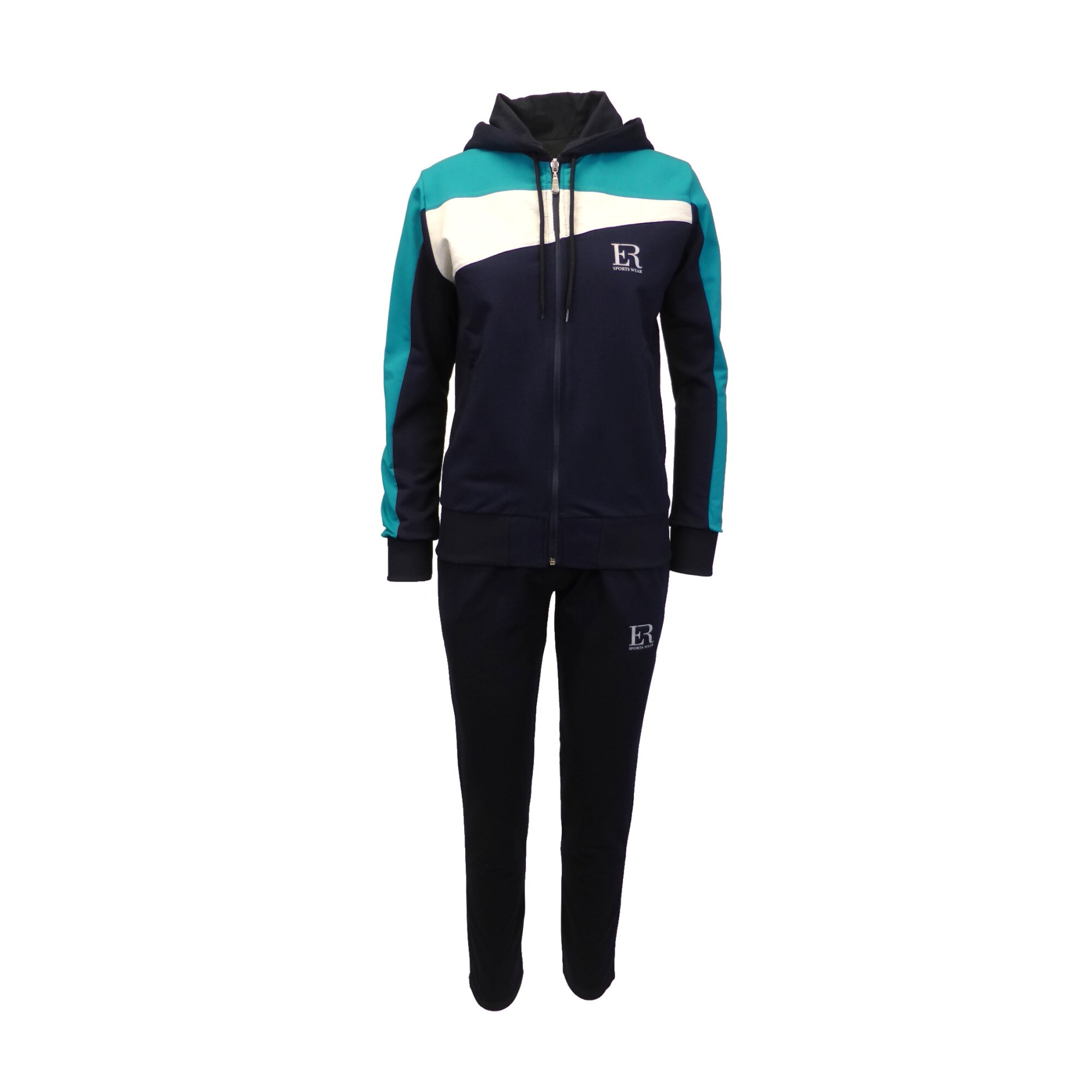 Trening dama, UNIVERS FASHION, jacheta cu 2 buzunare cu fermoar, culoare verde, gri si albastru, pantaloni albastru cu 2 buzunare, marime S