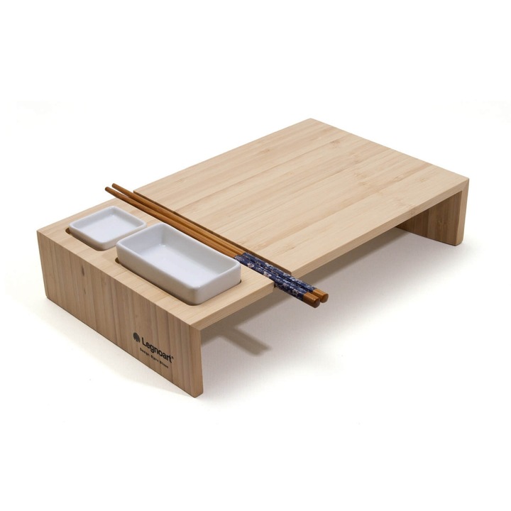 Set pentru sushi Legnoart, Kobe, din bambus de inalta calitate, finisaj artizanal, boluri din ceramica, betisoare pentru servire incluse, alb/maro