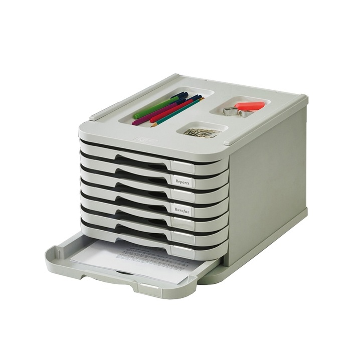 Suport cu 8 sertare pentru documente A4, Faibo, Plastic, 285 x 375 x 230 mm, Gri