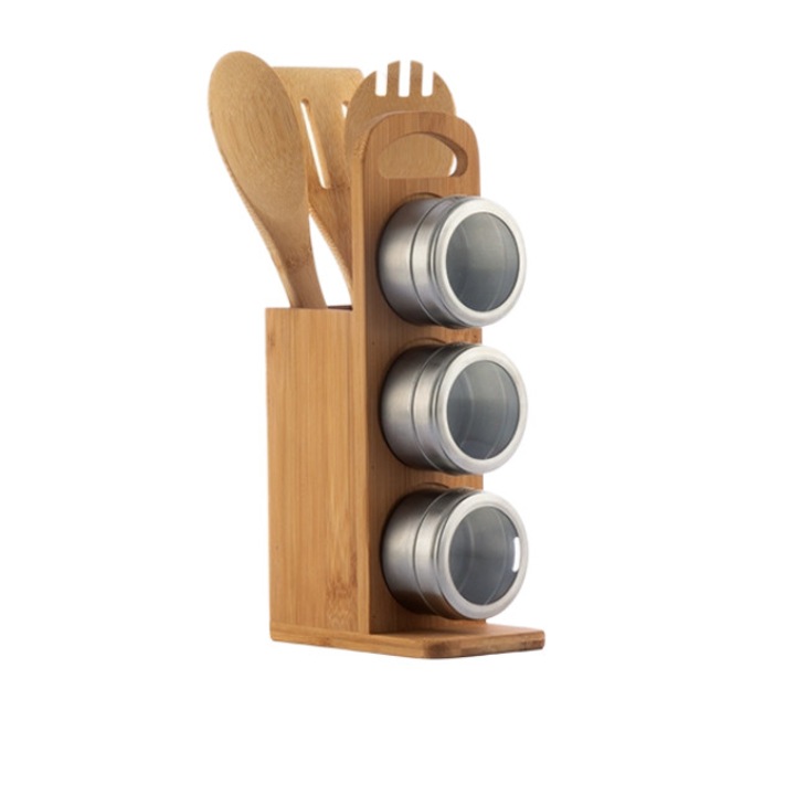 Set bucatarie pentru condimente, Bambus, 3xRecipiente,1xLingura, 1xSpatula,1xFurculita