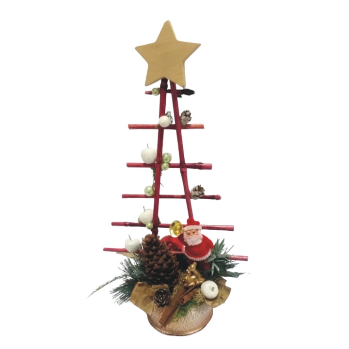 Aranjament Craciun realizat in ghiveci, First Event, cu Mos Craciun, mere decorative si conuri, multicolor, dimensiune 30*10 cm