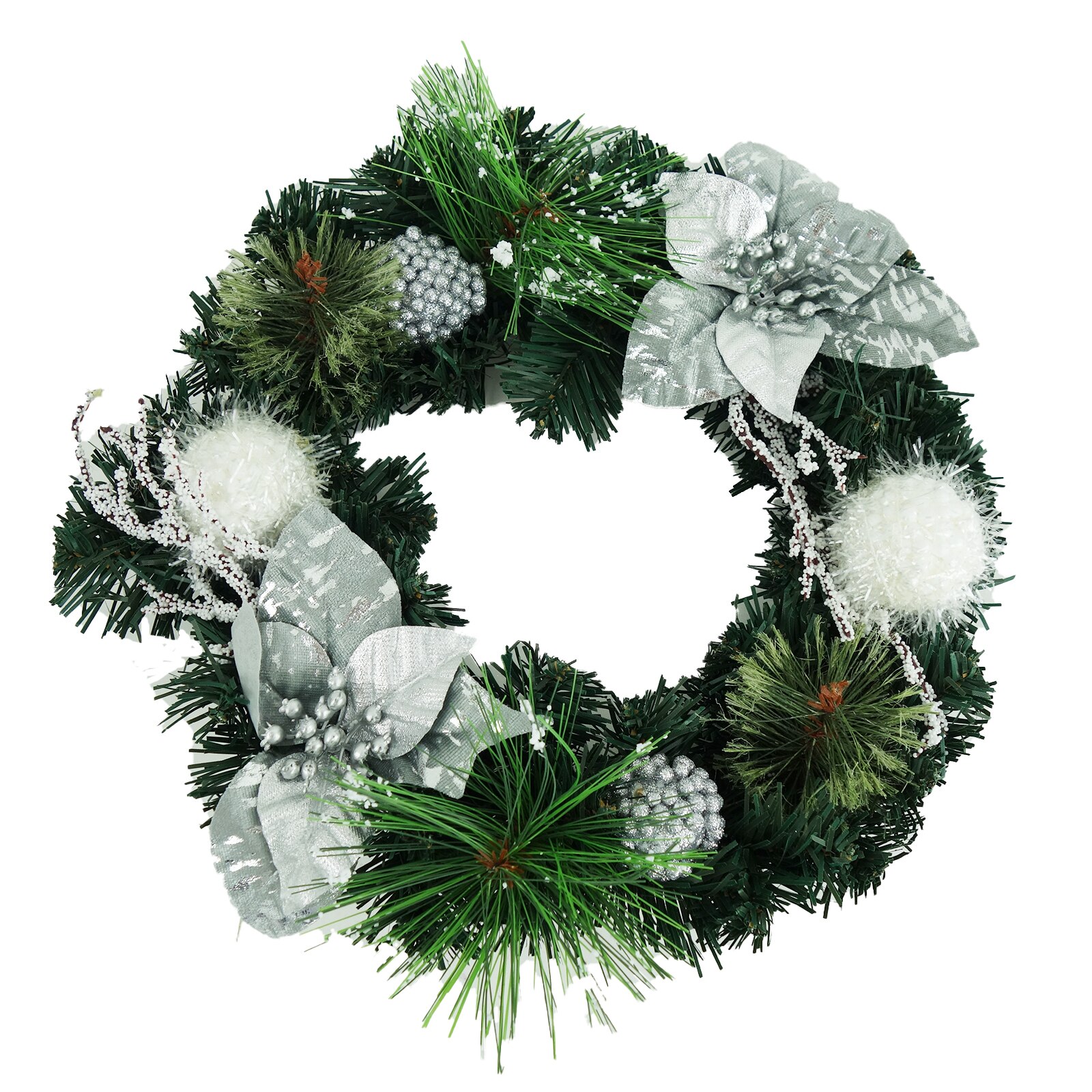 Coronita decorativa, cu globuri, frunze si conuri, verde cu argintiu, 30 cm