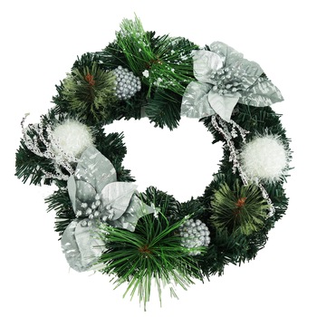 Coronita decorativa, cu globuri, frunze si conuri, verde cu argintiu, 30 cm Coronita decorativa, cu globuri, frunze si conuri, verde cu argintiu, 30 cm