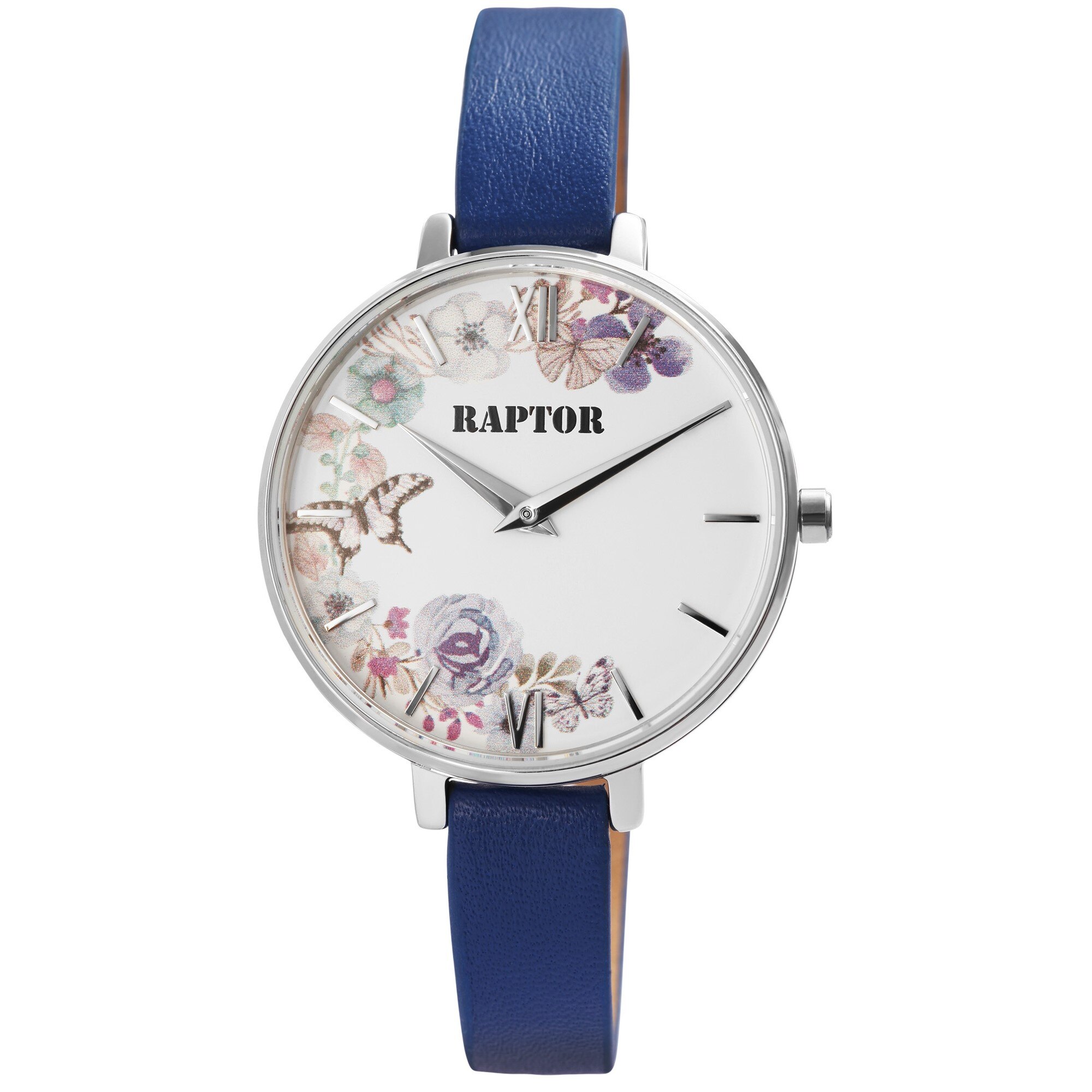 Ceas dama, Raptor, carcasa argintie, cadran design floral, curea piele albastra