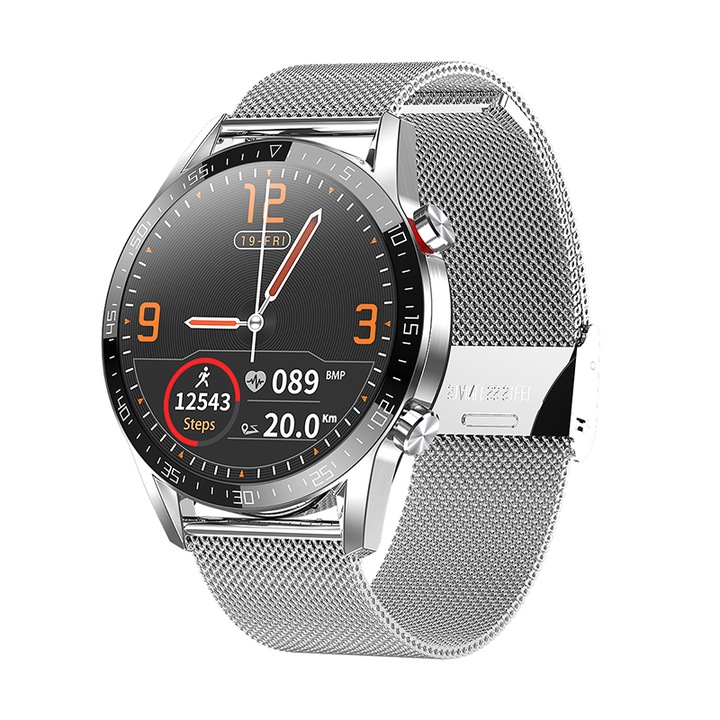 Ceas Smartwatch Smart Wear 13L, Puls, Calorii, Presiune arteriala, Bluetooth, Notificari,Rezistenta la apa, Argint