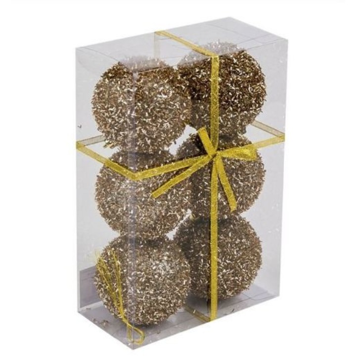 Set globuri Craciun, din beteala 8 cm glitter auriu, 6 buc