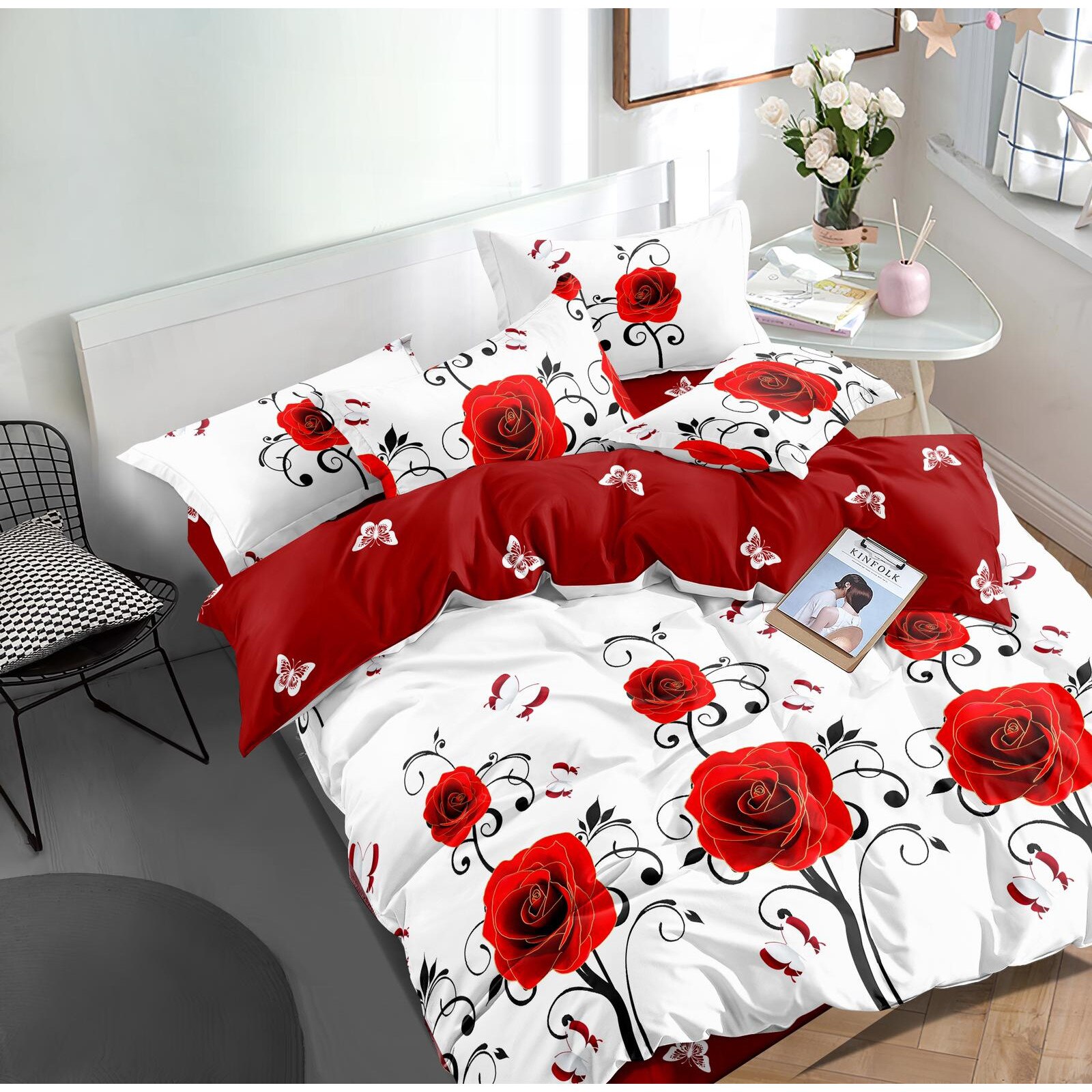 Set pentru pat din finet gros, 6 piese, JOJO HOME Trandafiri,Fluturi