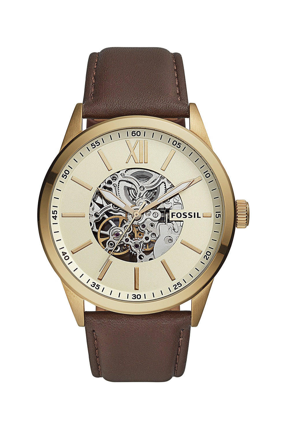 Fossil, Ceas automatic cu o curea de piele, Maro inchis