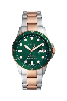 Fossil, Ceas analog cu coroana cu model texturat, Argintiu/Auriu rose Fossil, Ceas analog cu coroana cu model texturat, Argintiu/Auriu rose