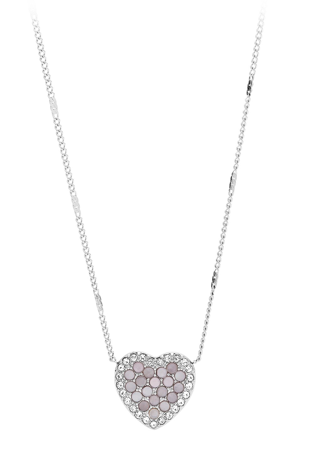Fossil, Colier cu pandantiv in forma de inima decorat cu cristale si Mother of Pearl, Argintiu