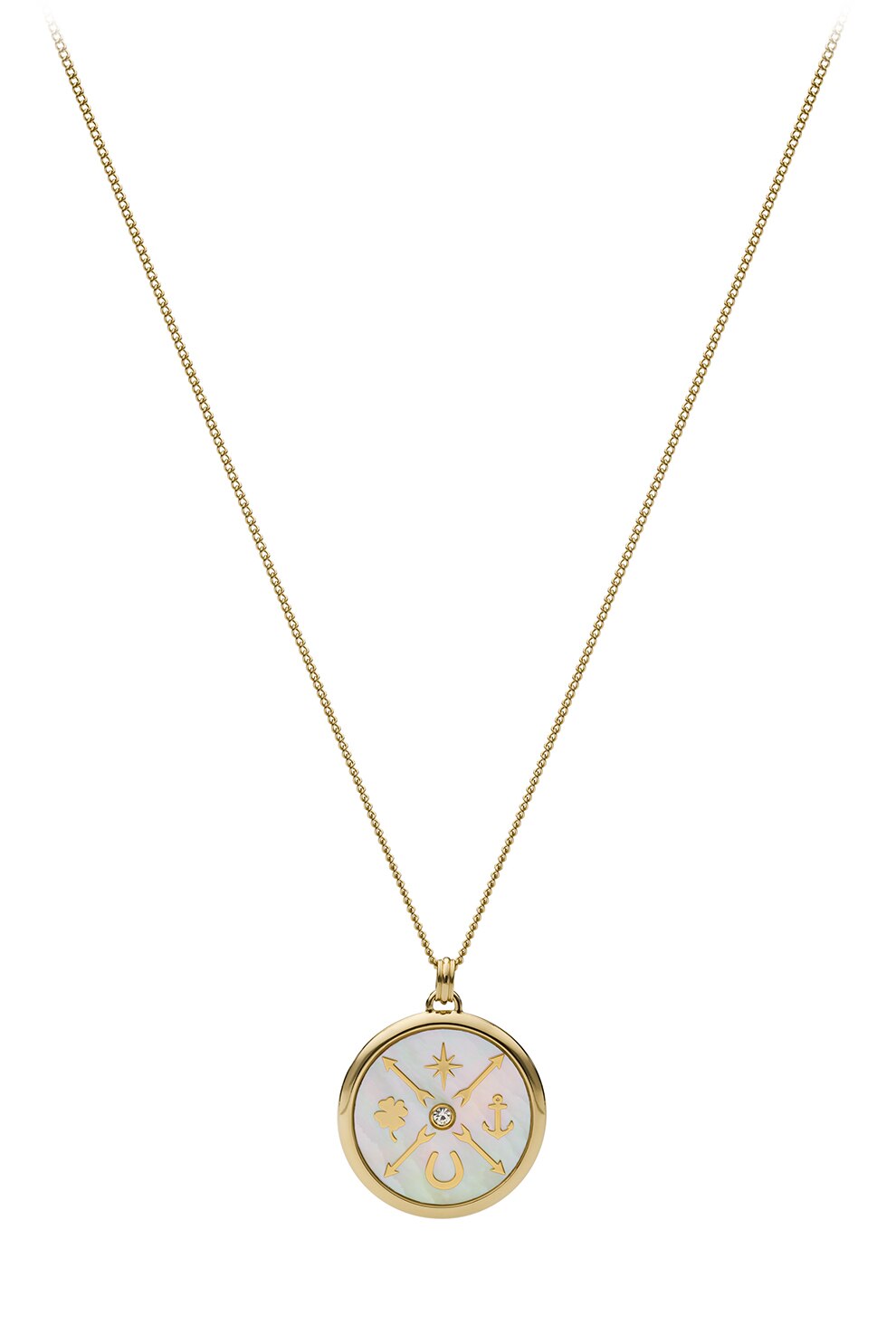 Fossil, Colier din otel inoxidabil cu pandantiv decorat cu Mother of Pearl, Auriu/Alb