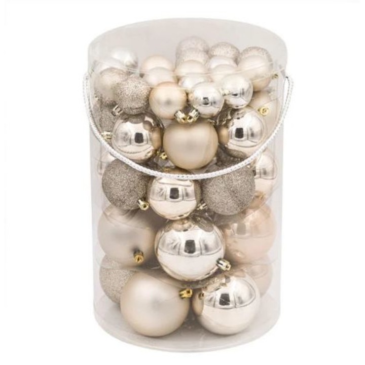 Set globuri Craciun 4-6-8 cm mat, lucios, glitter sampanie, 44 buc