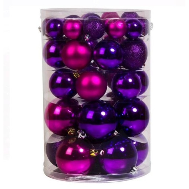 Set globuri Craciun 4-6-8 cm mat, lucios, glitter mov, 44 buc