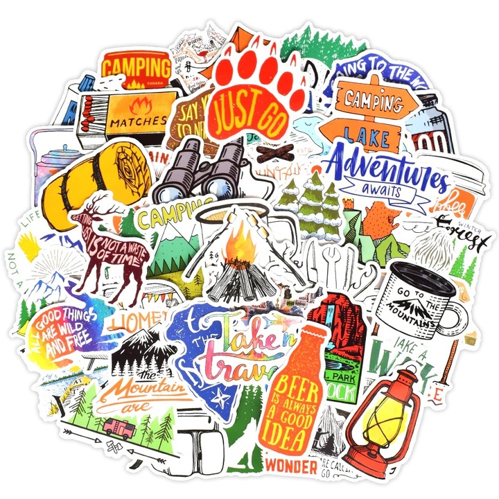 Set Stickere / Abtibilduri 50 bucati Waterproof Adventure Awaits/Go To The Mountains