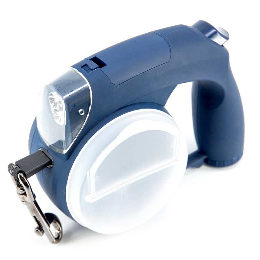 Lesa multifunctionala 5 in 1, 4 metri, cu lanterna cu 3 leduri, compartiment mancare, castron de apa, buton de blocare lungime, compartiment saculeti, albastru inchis