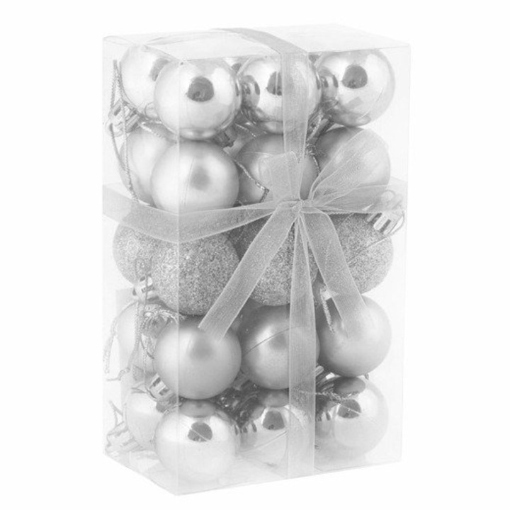 Set 30 globuri de Craciun argintii, 3 cm