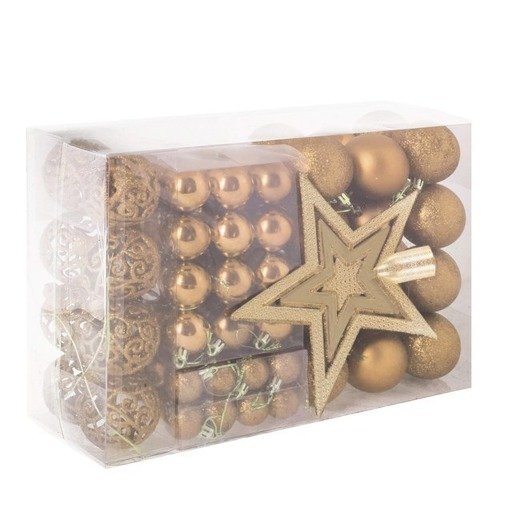 Set complet decorare brad Craciun, 101 piese, include globuri si stea, auriu