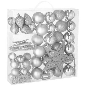 Set complet decorare brad Craciun, 51 piese, include globuri si stea, argintiu Set complet decorare brad Craciun, 51 piese, include globuri si stea, argintiu