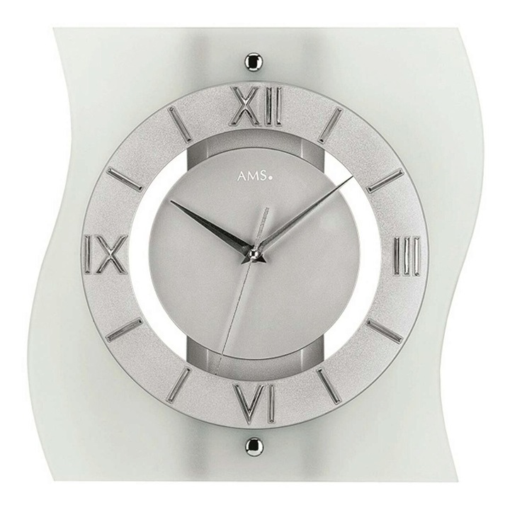 Ceas de perete AMS 5909, Quartz, Argintiu, Analogic, Modern