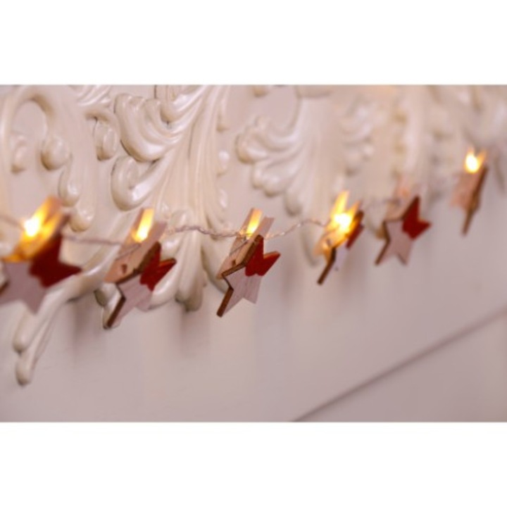 Instalatie Craciun stea cu clips, Hoff, 10 microLED-uri albe cu lumina calda, 0.9 m, lemn, alimentre baterii, interior