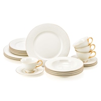 Set vesela AIX©, portelan, finisaj glazurat, aspect elegant, alb si auriu, 20 piese