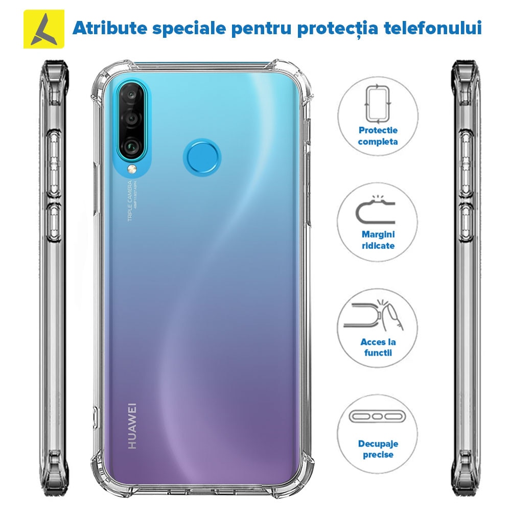 Husa antisoc pentru Huawei P30 Lite, spate ferm, din acril, margiini siliconice si colturi Anti-Drop, Transparenta Transparent Carcasa